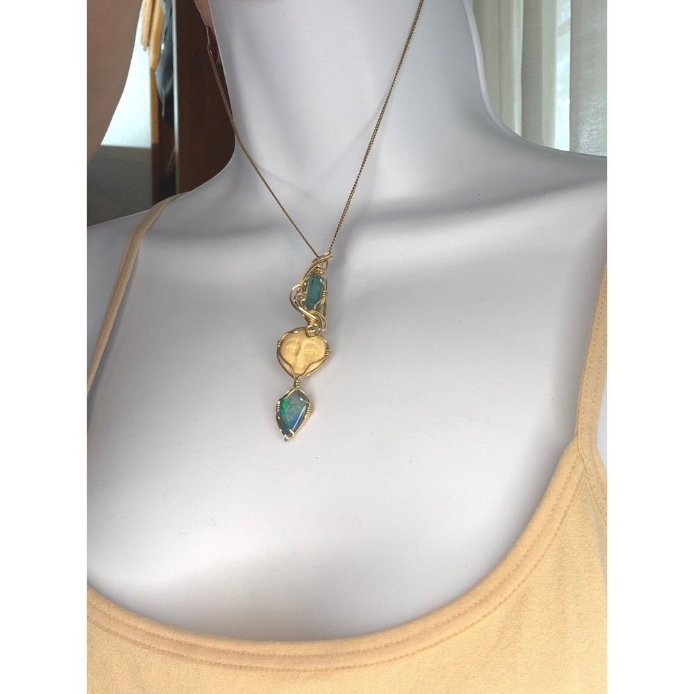 Moon Face Pendant Necklace Women Gold GF Wire Wrap Blue Green Stone